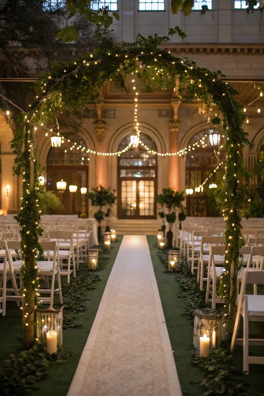 Enchanting fairy lights adorn a wedding aisle.