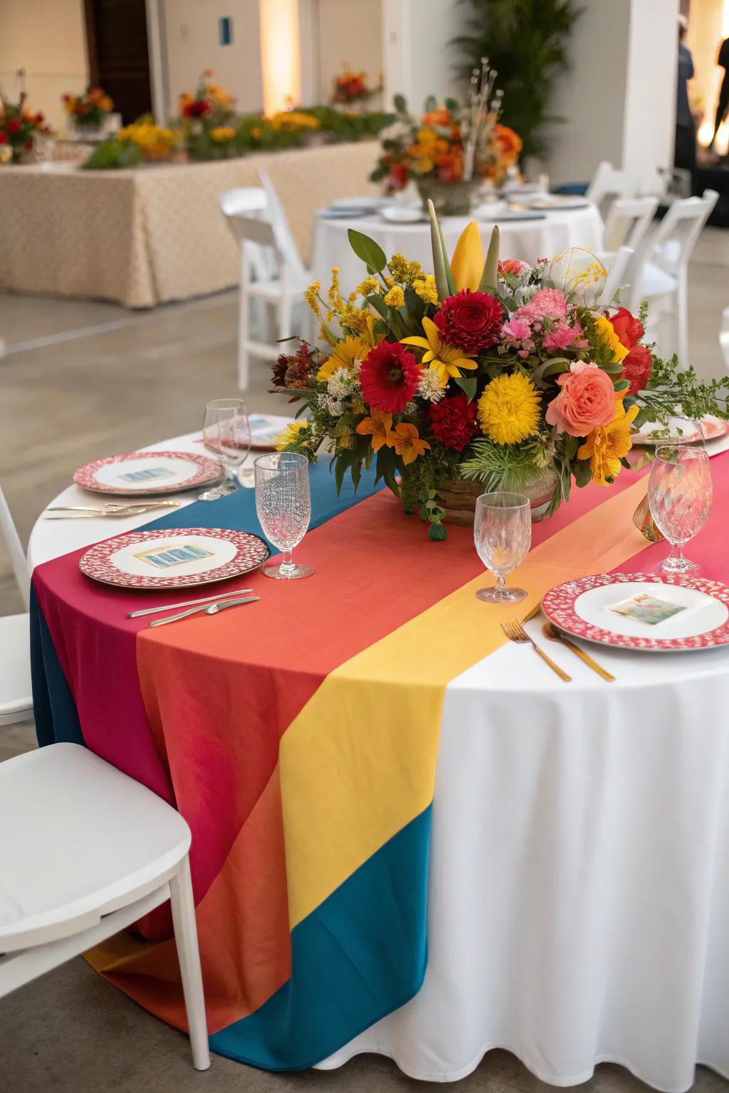 Color-blocked runners add bold, artistic flair to wedding tables.