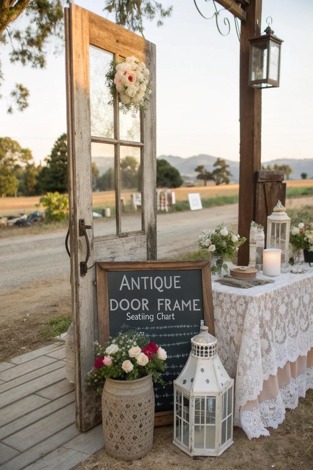 An antique door frame repurposed as a seating chart, bringing vintage charm to a rustic wedding.