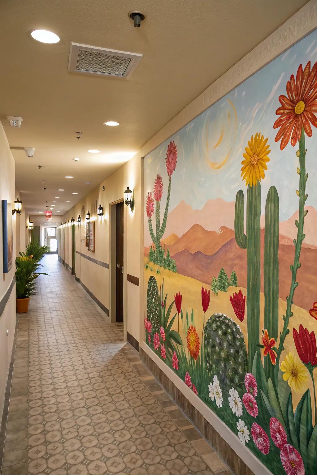 Western floral art adds a splash of color and nature to this hallway.