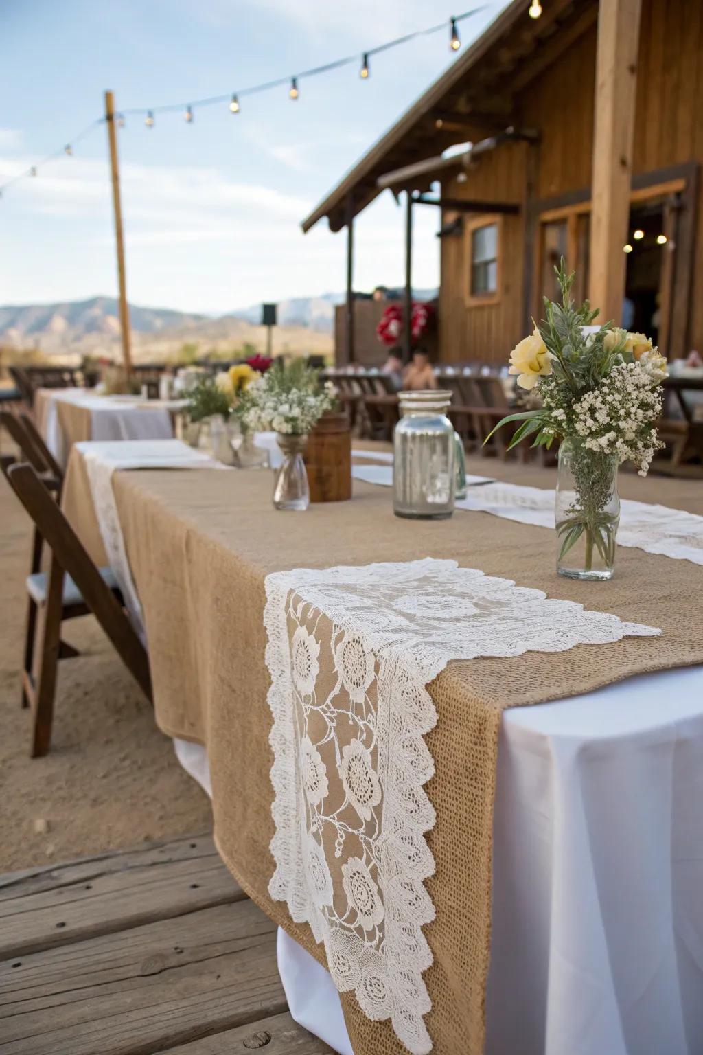 Burlap and lace runners balancing rustic and elegance.