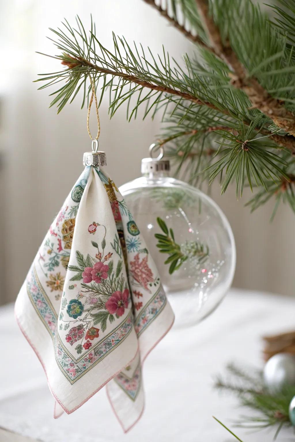 Add a touch of vintage elegance to your holiday decor with handkerchief-filled ornaments.