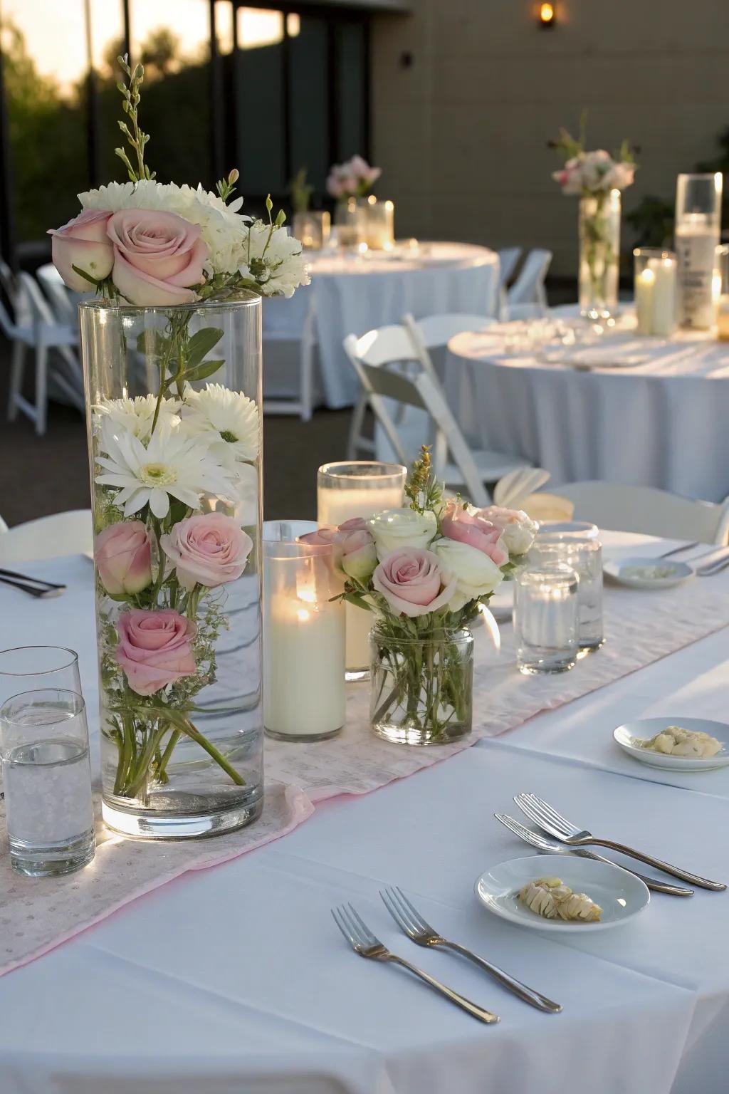 Elegant floating flower centerpieces that captivate with their simplicity.