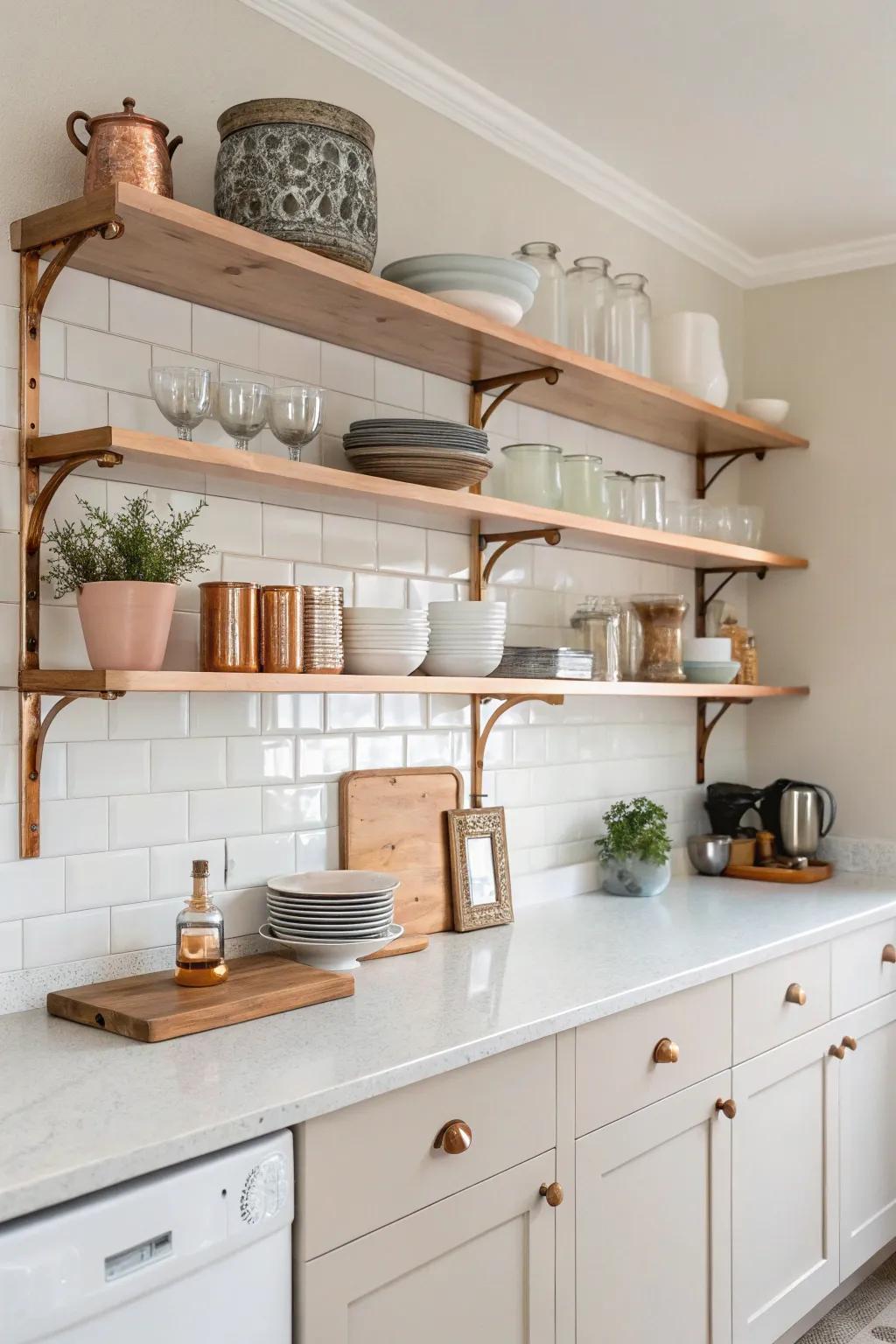 Copper-detailed shelving adds an industrial chic element.