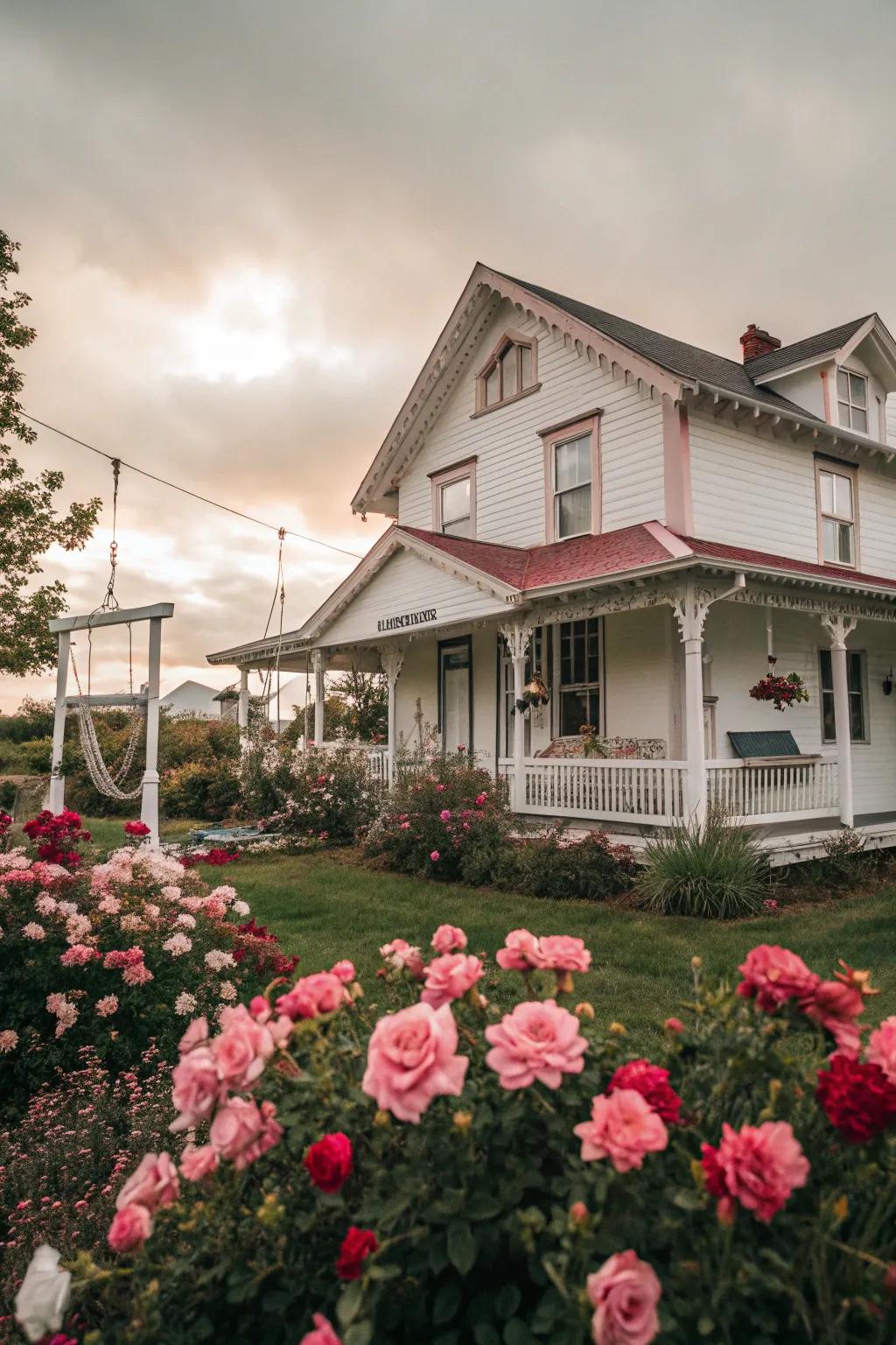 Pastel pink trim adds a whimsical charm to this delightful white home.