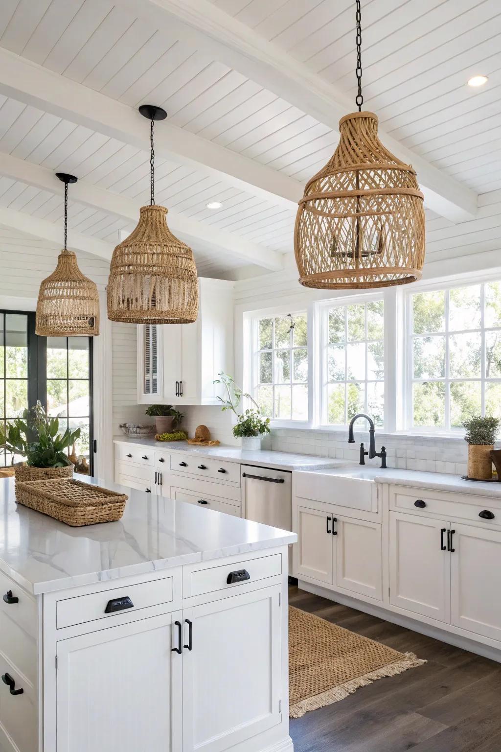 Coastal touches with rattan lights and black hardware in a white kitchen.