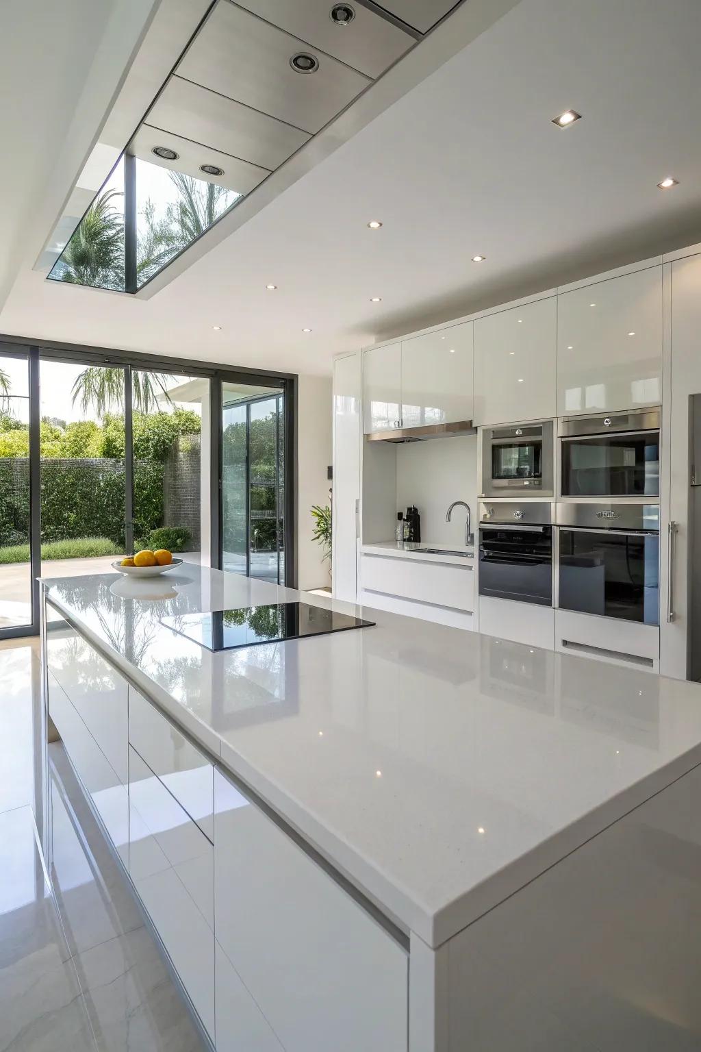 White glass countertops provide a sleek, light-reflecting option.