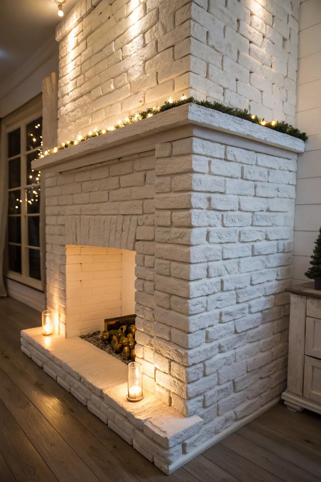 A whitewashed brick fireplace enhanced by strategic lighting.