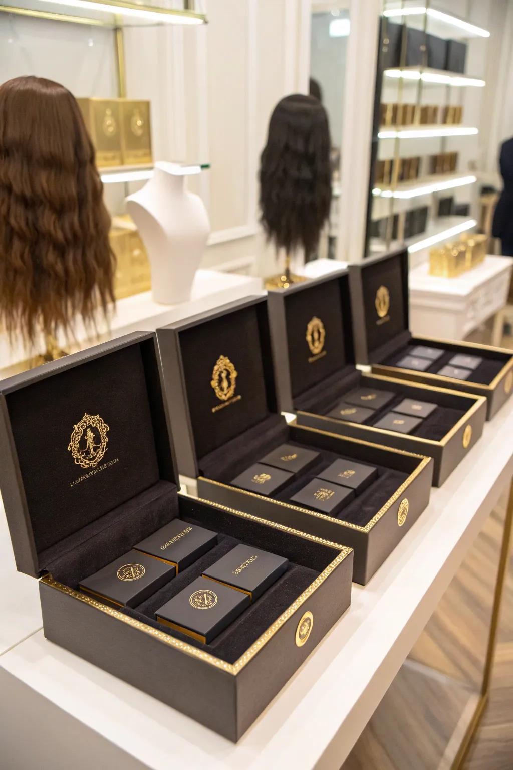 Elegant boxes featuring gold foil-stamped logos.