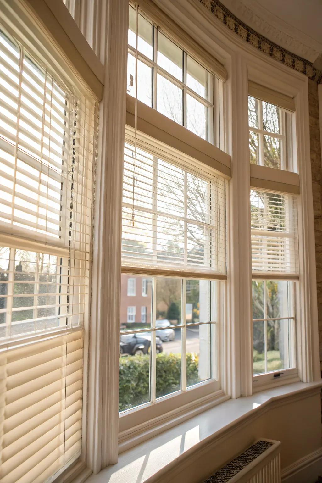 Pale blinds enhance windows, maintaining a fresh and airy feel.