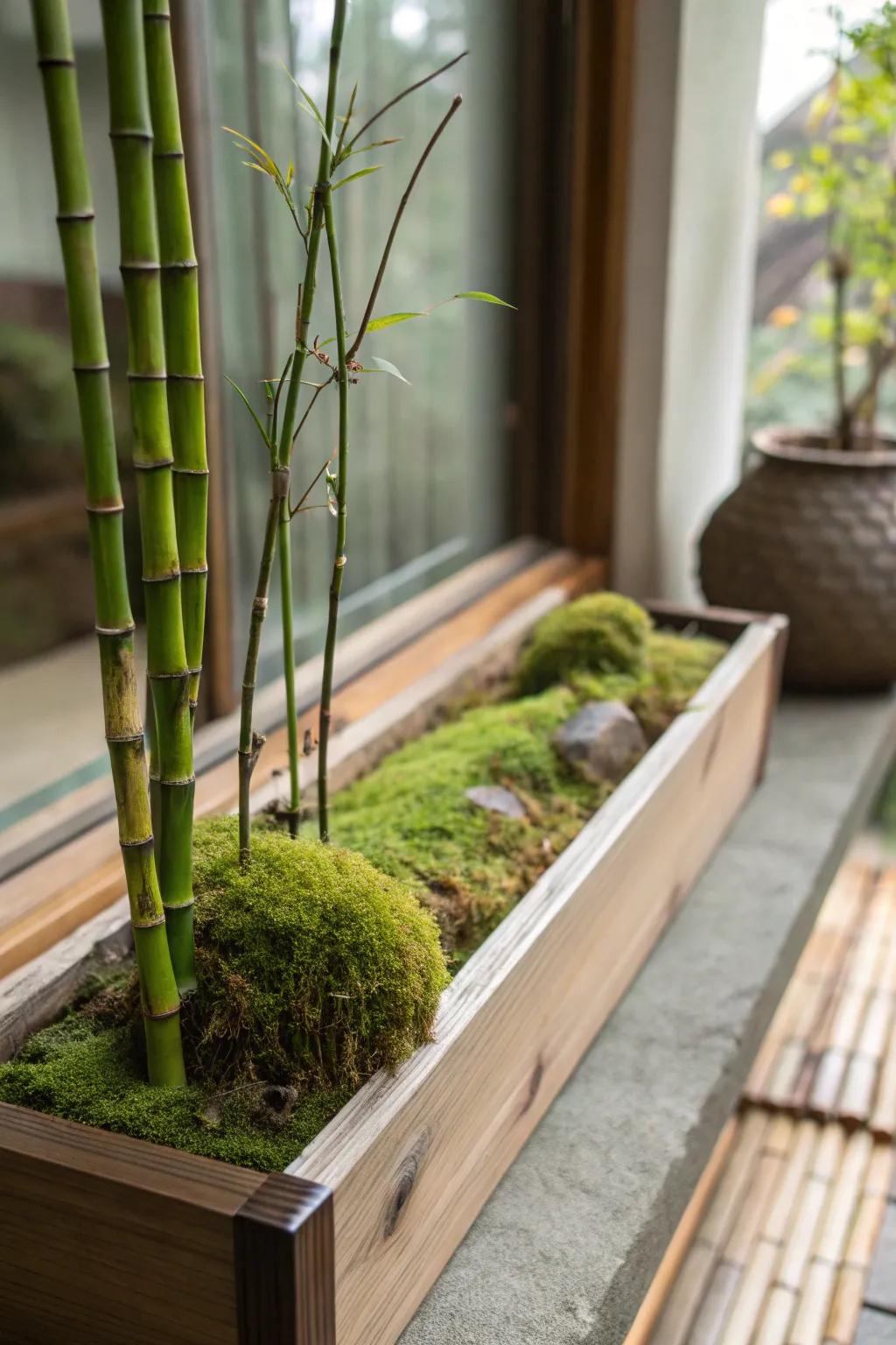 A zen-inspired window box with bamboo and moss for a peaceful and tranquil home setting.