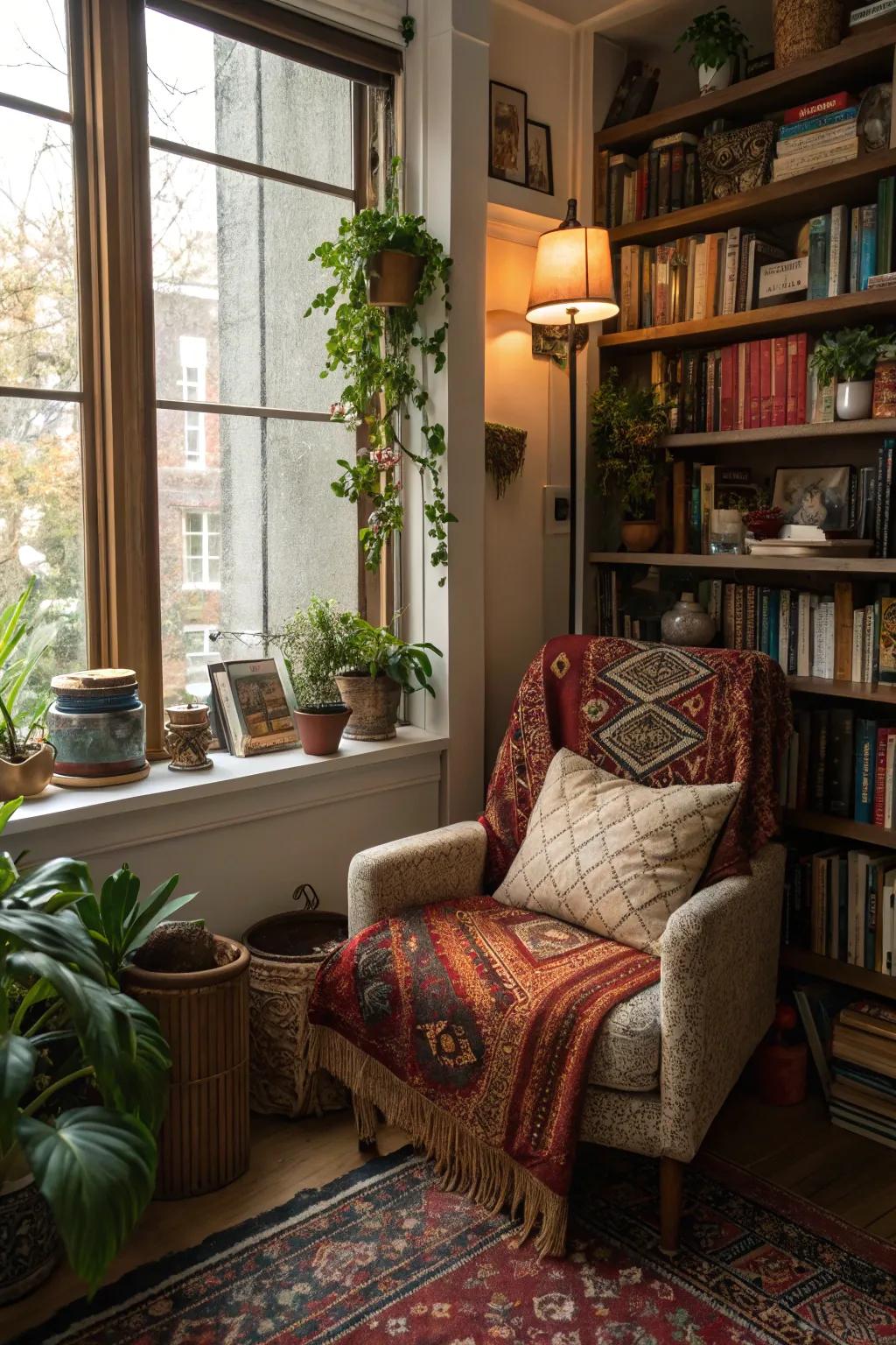 A bohemian retreat nook embraces comfort and creativity.