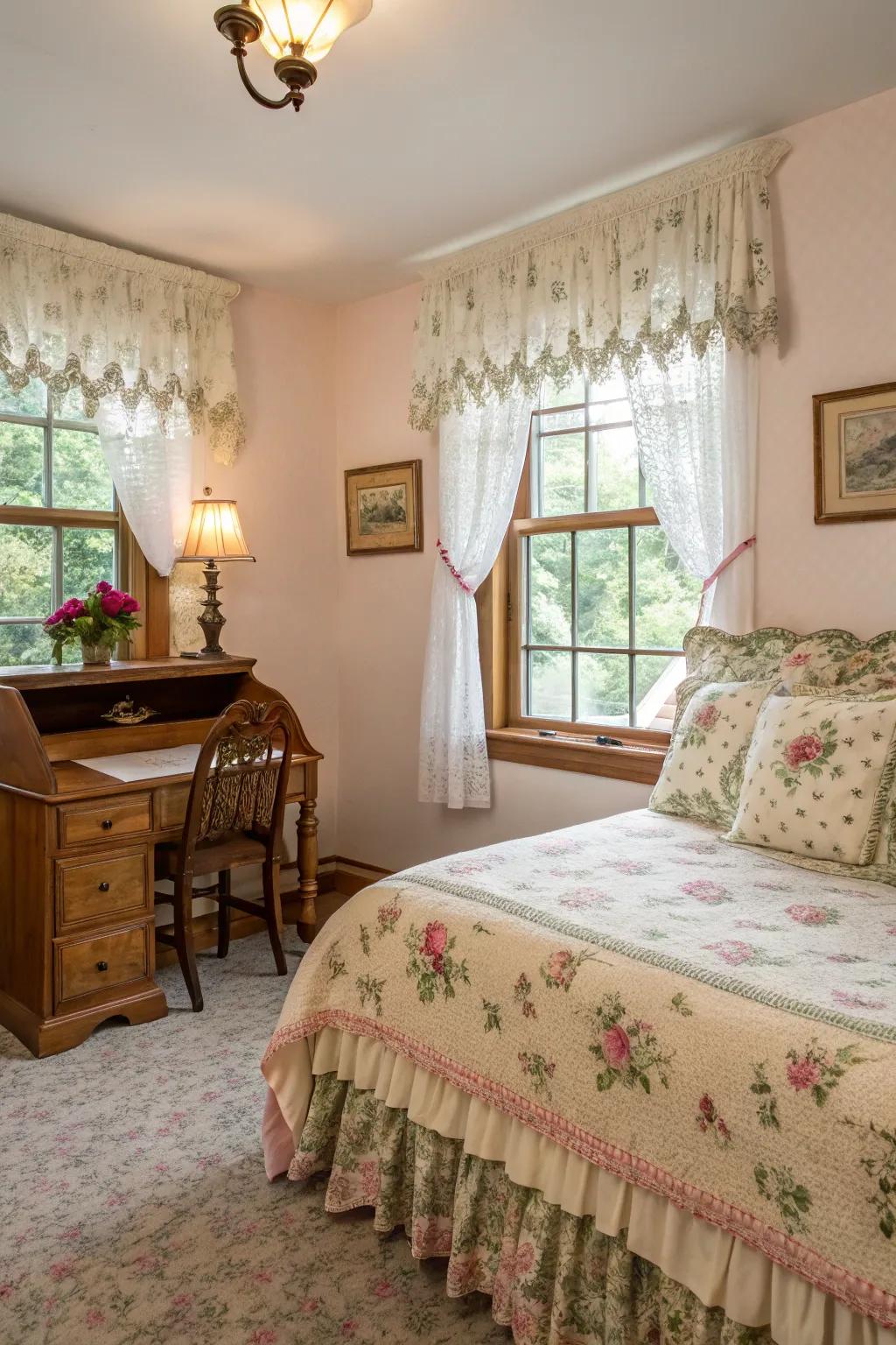 Vintage-inspired ruffled valances in a guest room