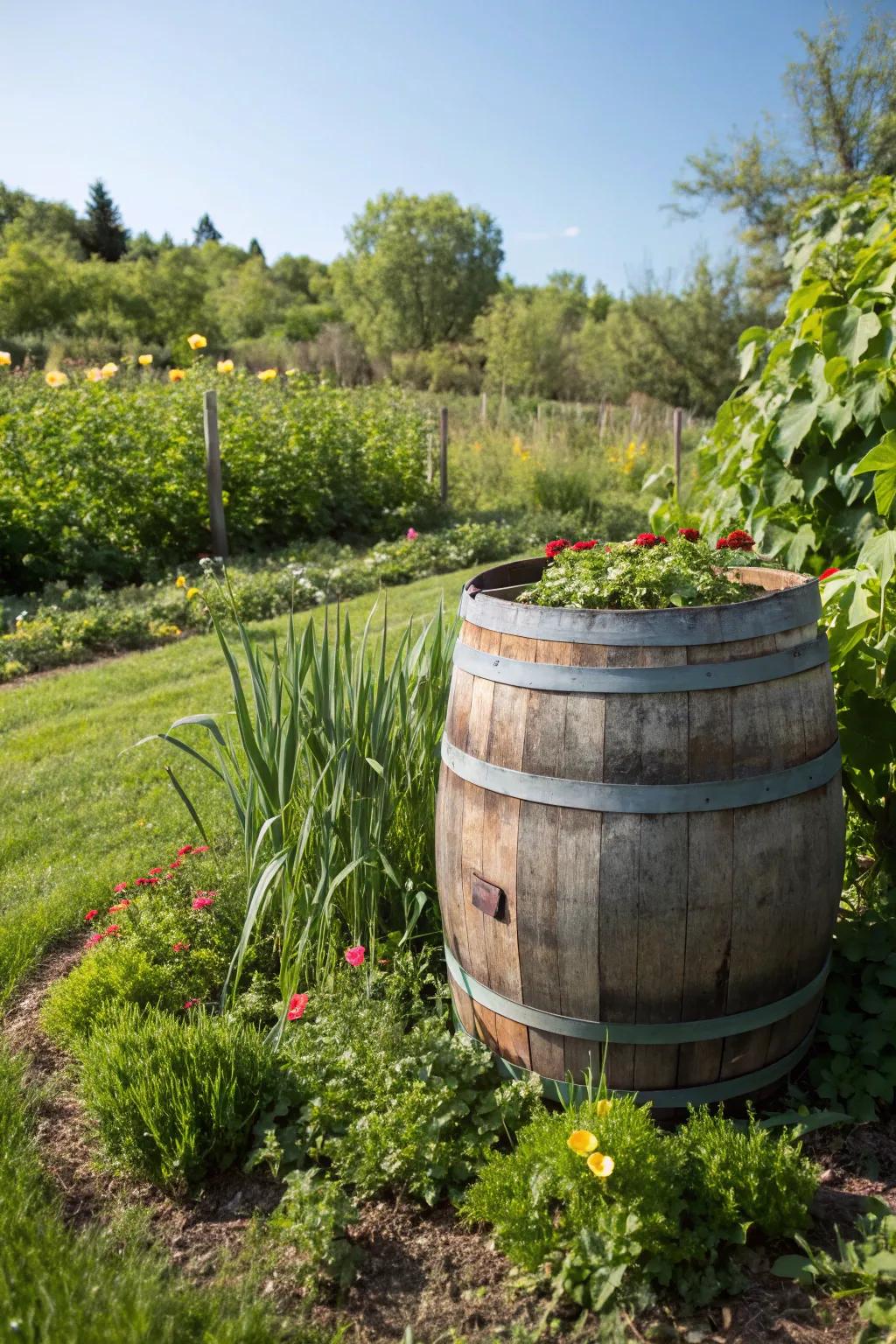 A wine barrel compost bin is a stylish way to recycle waste.