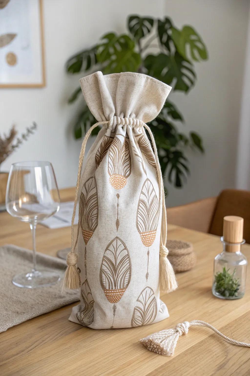 Elevate your gift-giving with sustainable style – a reusable wine bottle bag that speaks of elegance and eco-consciousness.