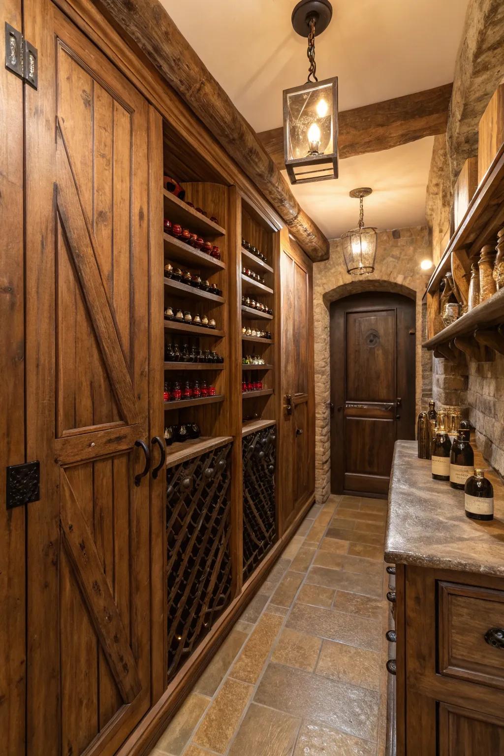 A wine closet with a charming vintage aesthetic