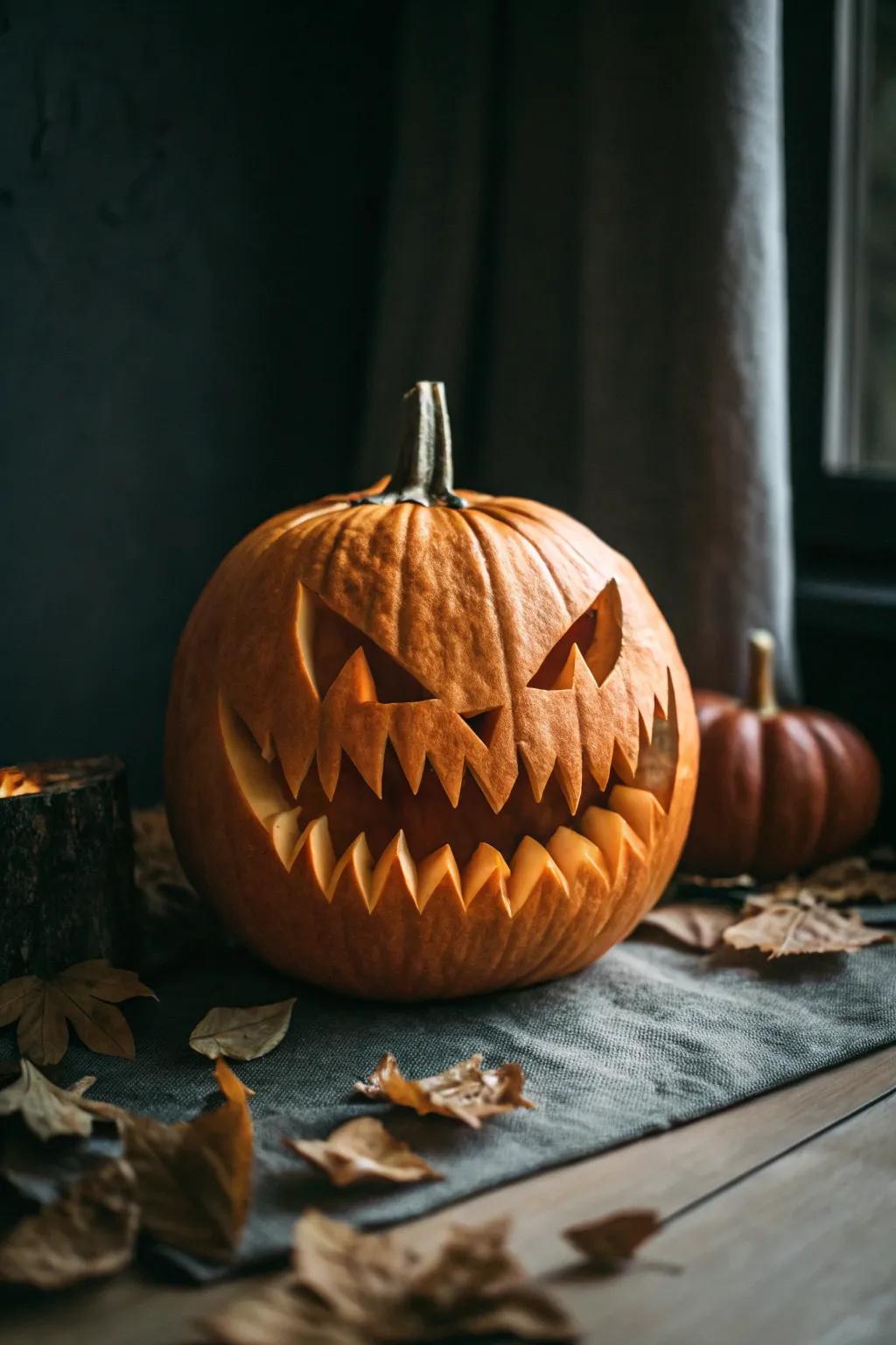 A scary witch pumpkin with sharp teeth, perfect for a spooky touch.