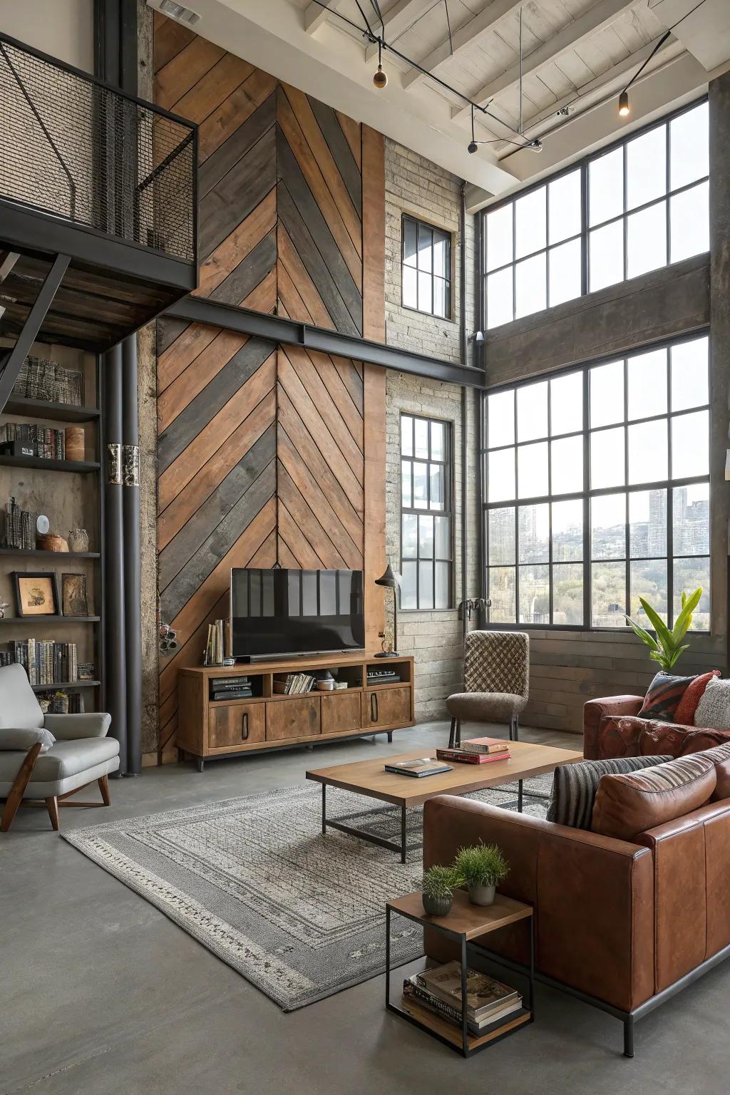 An industrial living room with a wood and metal accent wall.