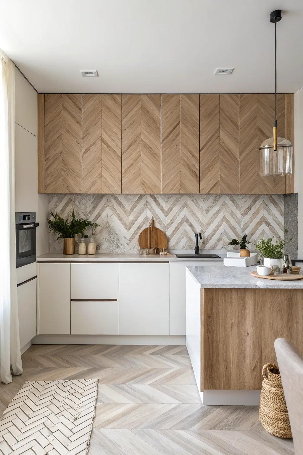 A chic kitchen featuring a modern chevron wood backsplash.