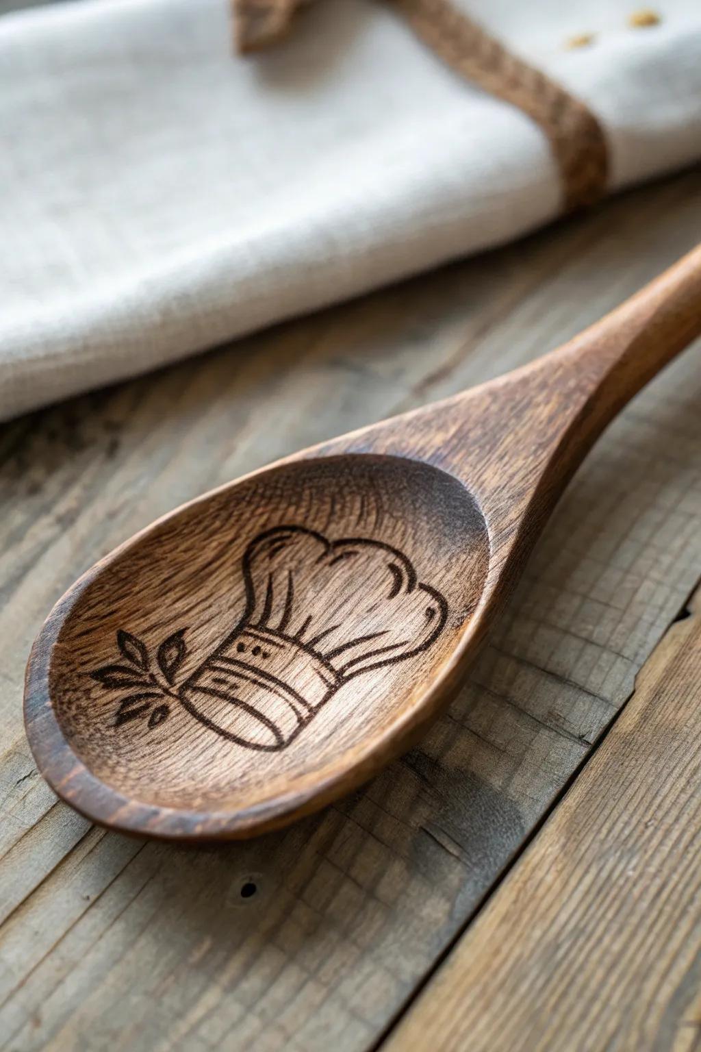 A charming culinary nod: handcrafted spoon with a tiny chef's hat design.