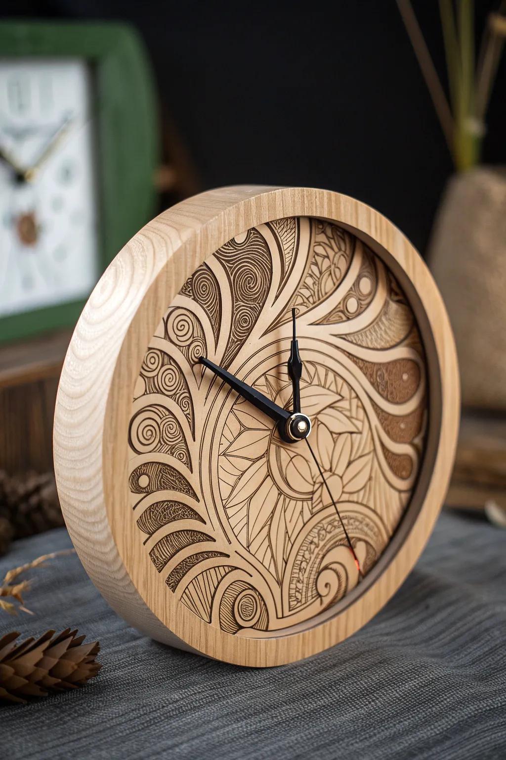 Time meets art: An abstract masterpiece in wood-burning craftsmanship.