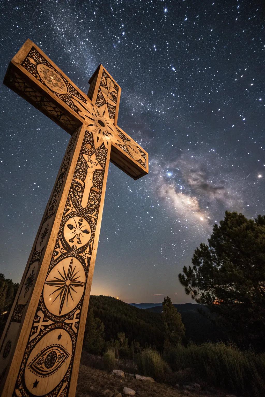 Celestial motifs add a dreamy and enchanting vibe to this wooden cross.