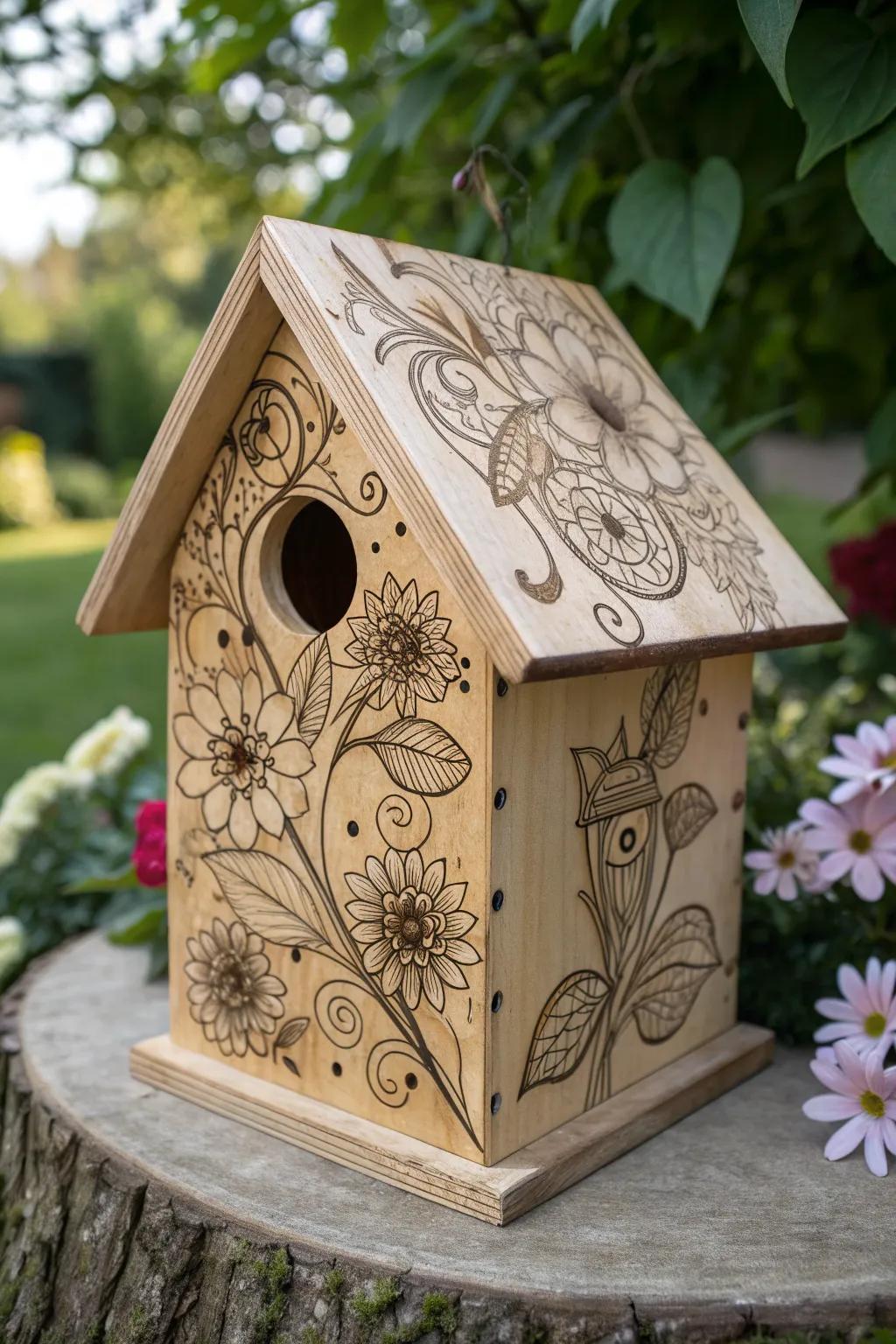 Elevate your garden with a handcrafted wooden birdhouse, where artistry meets nature.