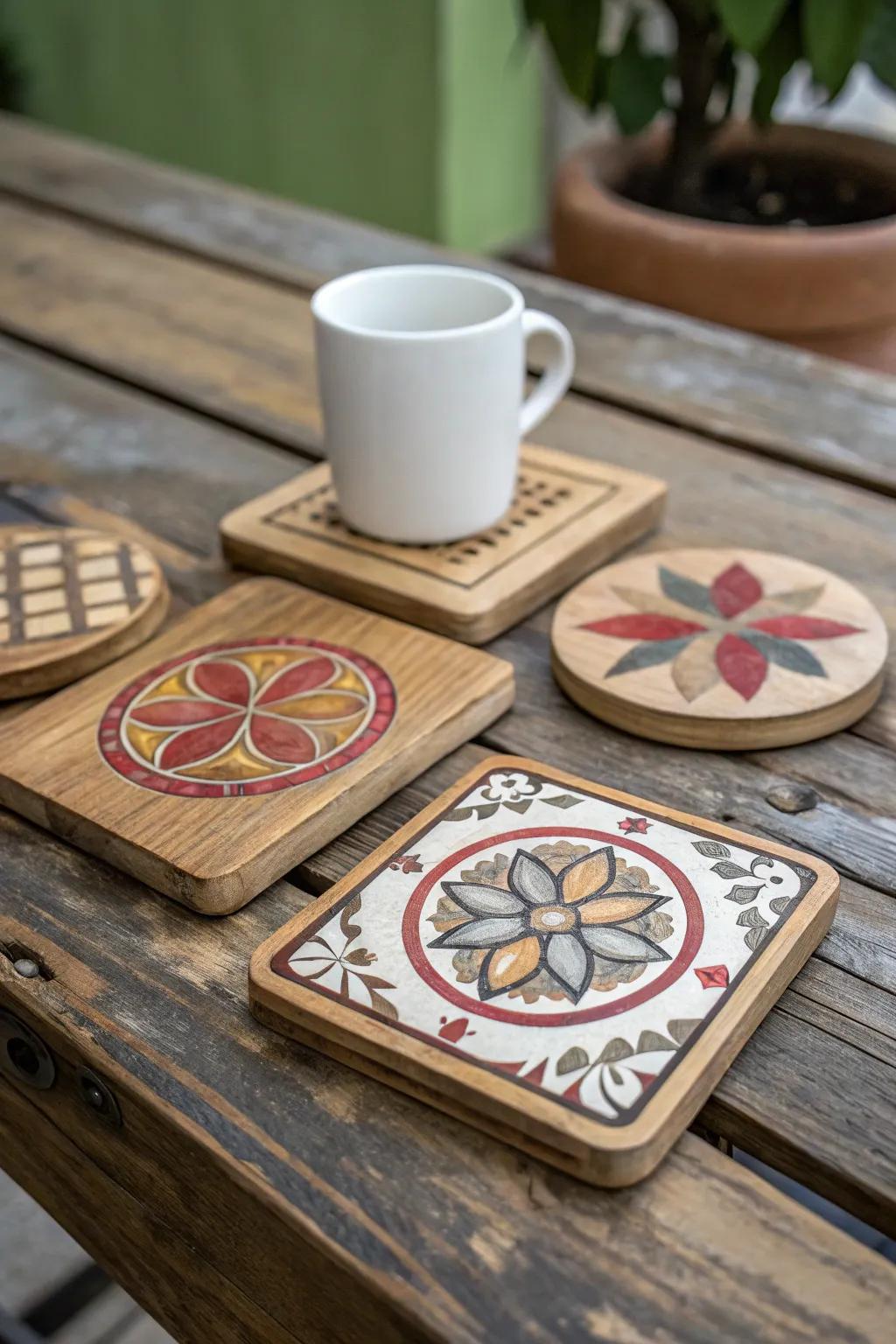 Add character to your coffee table with custom wooden coasters.