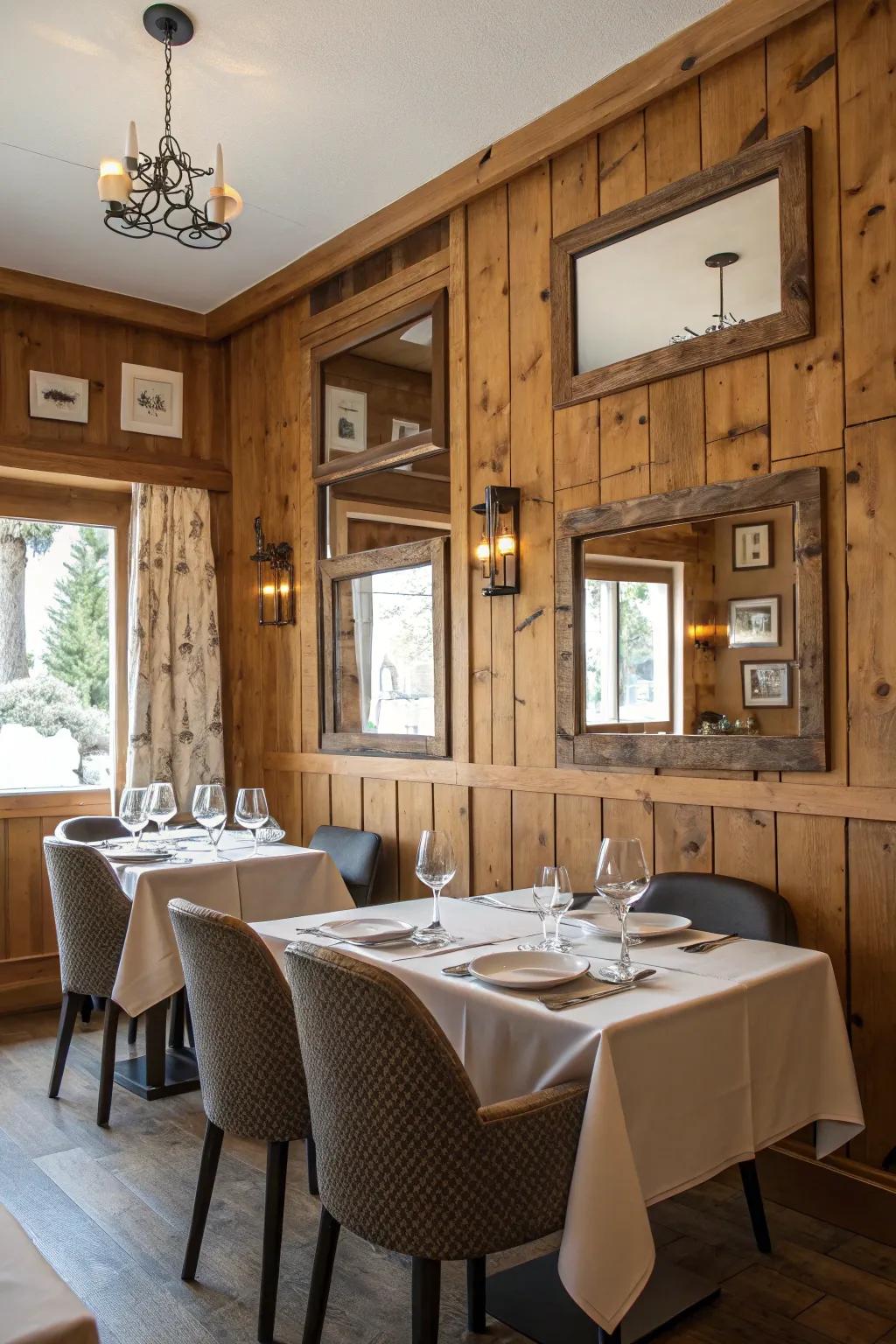 Dining room featuring wood paneling with integrated mirrors.