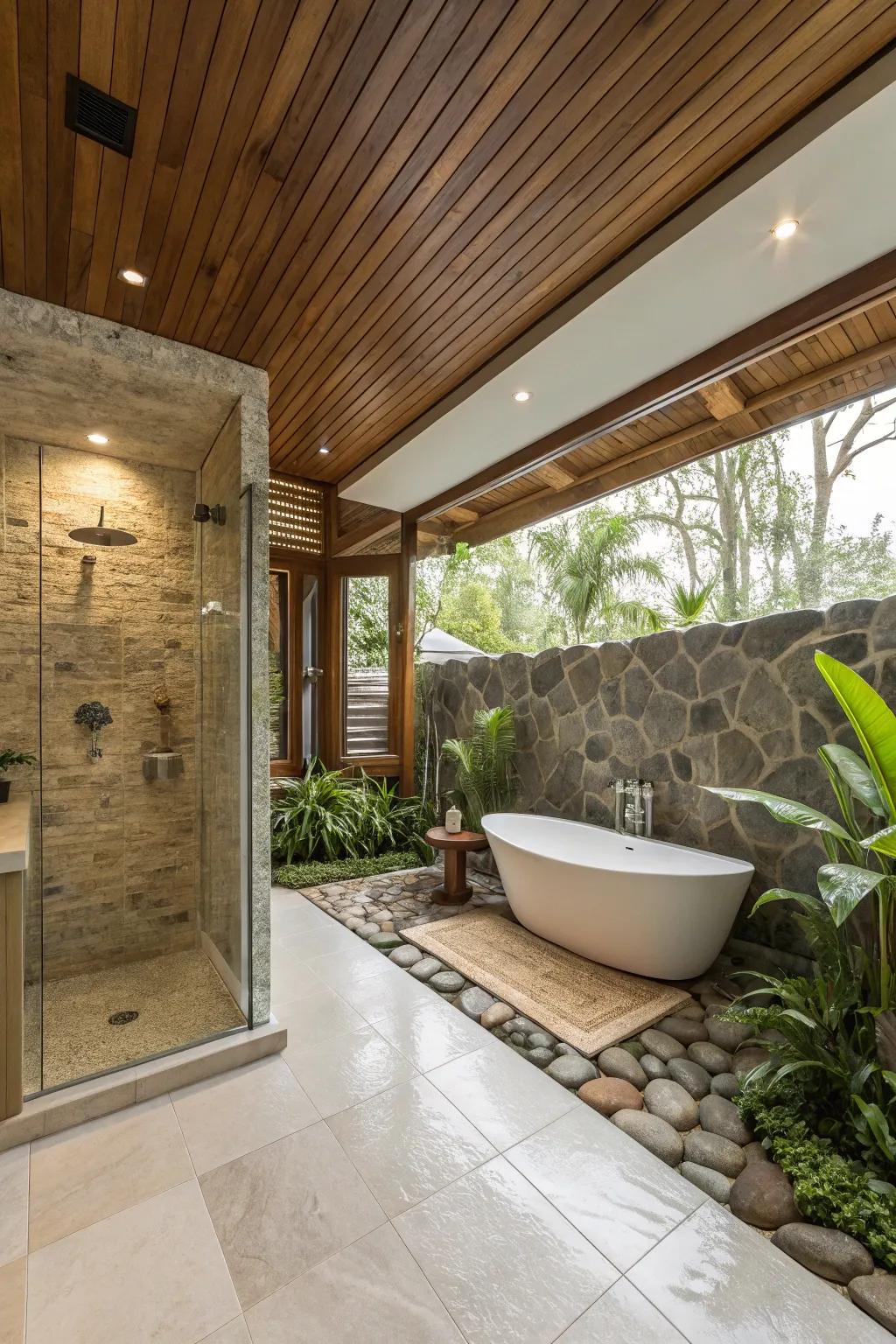 A wood ceiling adds a spa-like ambiance to this bathroom oasis.