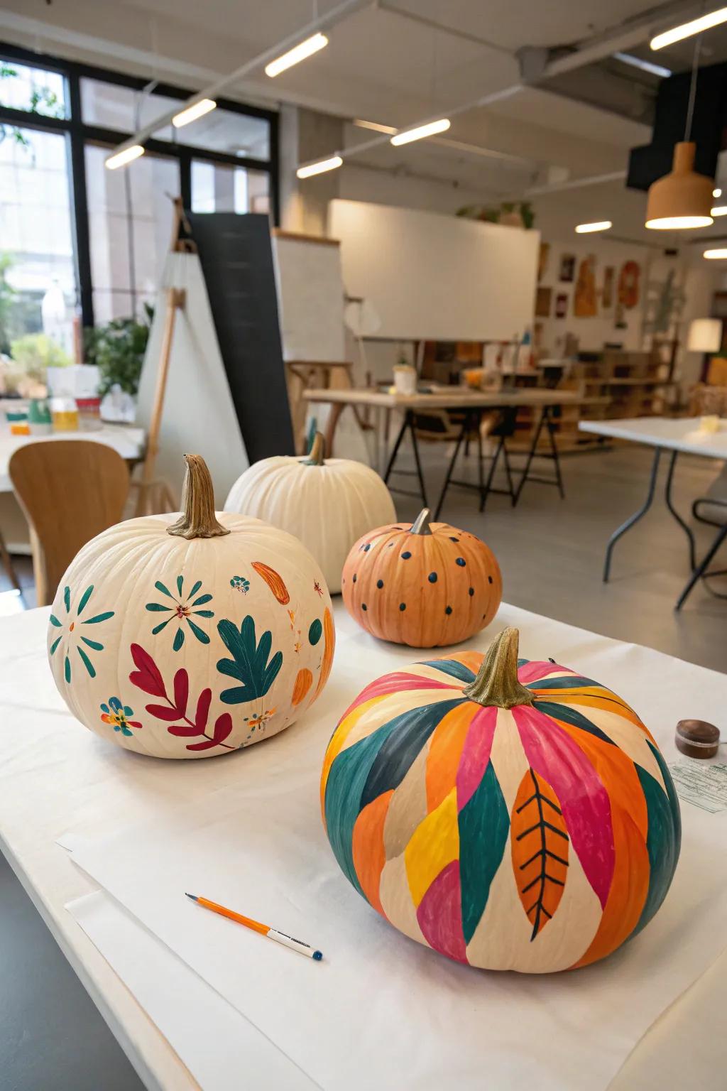 Unleash your creativity with abstract painted pumpkins.