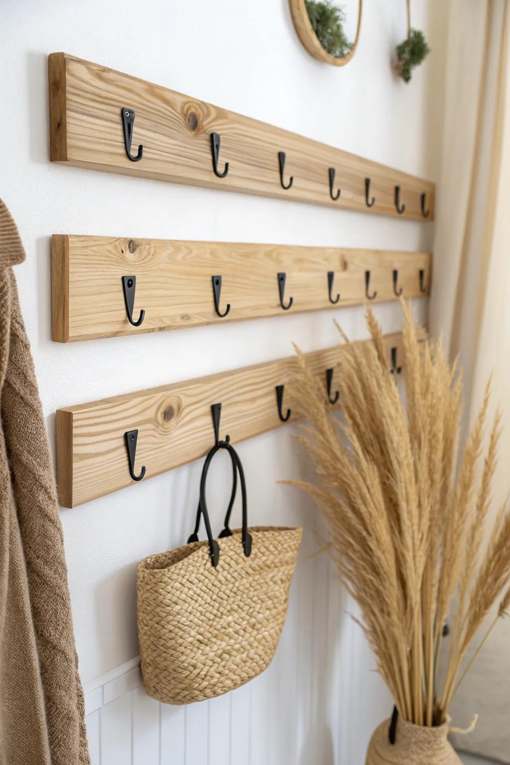 Elevate your hallway with this minimalist wood slat coat rack, where functionality meets natural beauty.