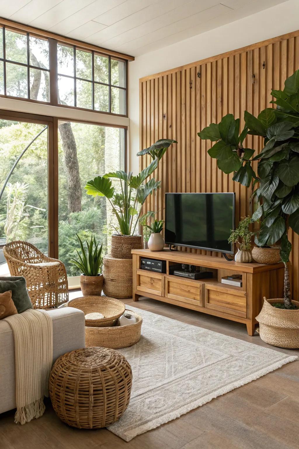 Earthy tones and natural decor create a serene living space.