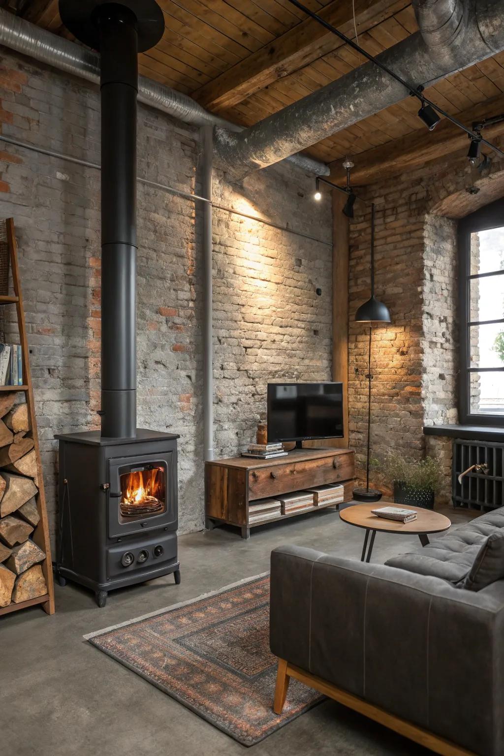 An industrial-style wood stove adds a bold edge to this urban-inspired living room.