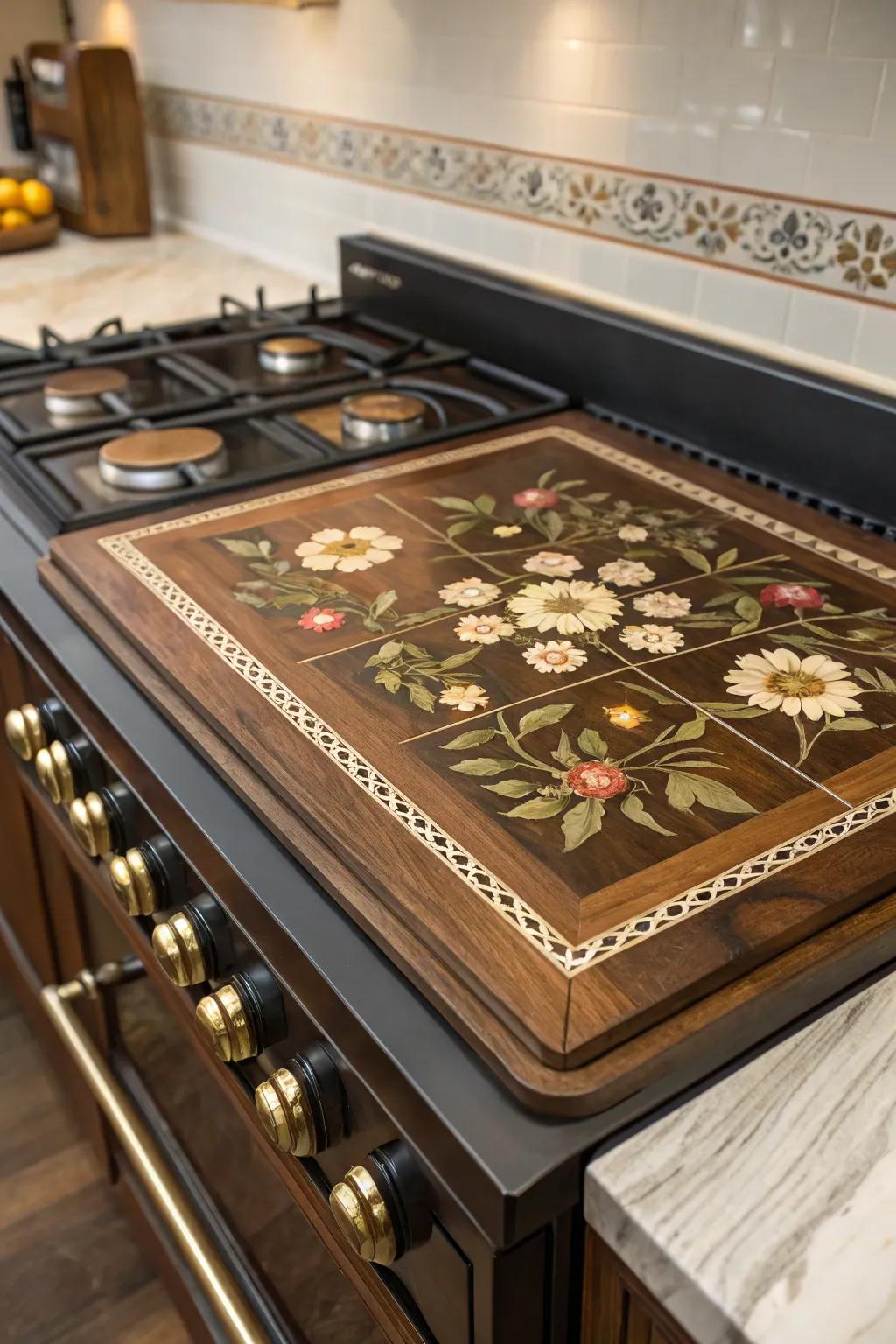 Bring the elegance of spring into your kitchen with a stunning floral inlay stove top cover.