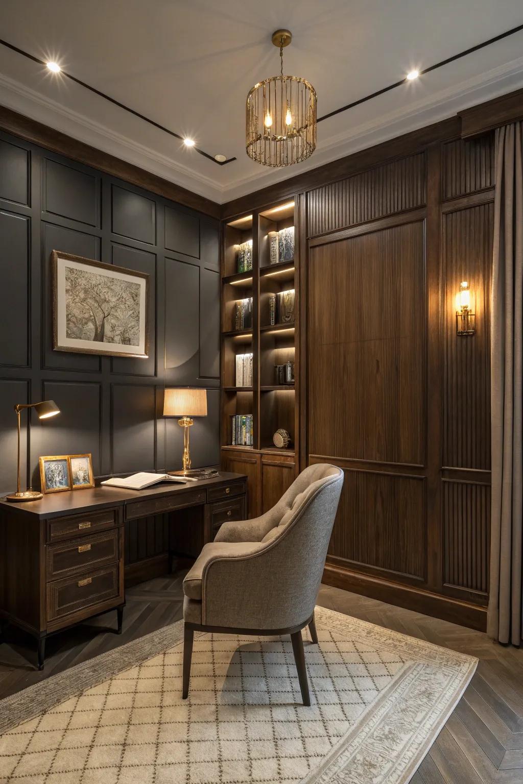 Stylish study with striking vertical wood trim on dark walls.