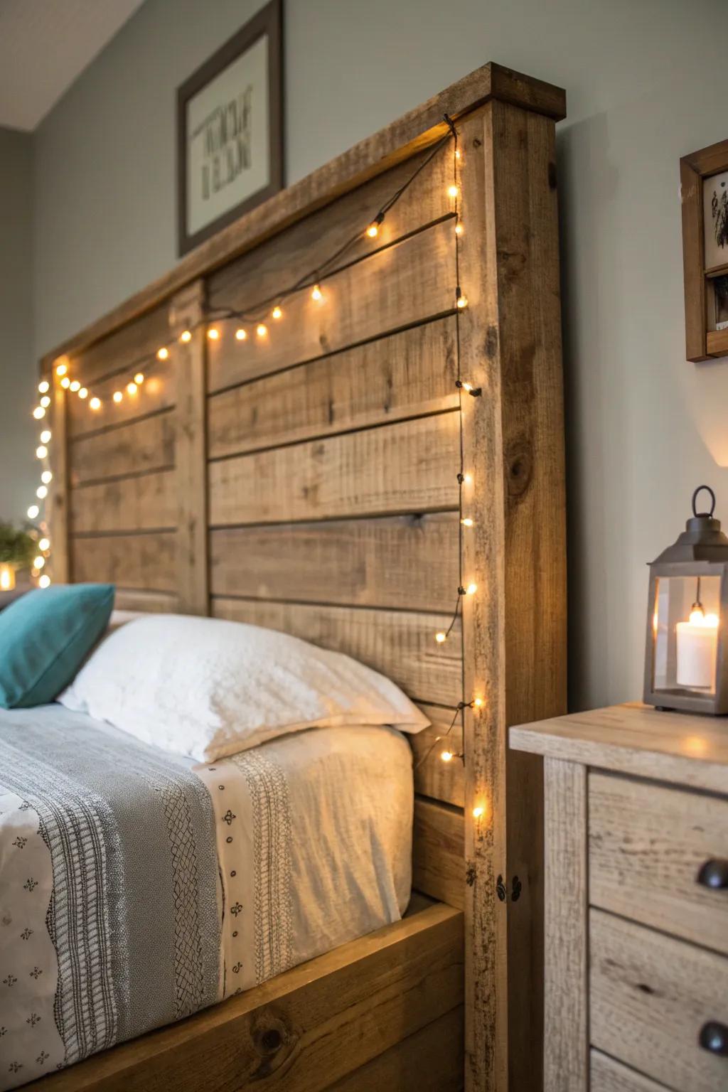 Transform your bedroom with a rustic pallet headboard, where craftsmanship meets enchanting comfort.