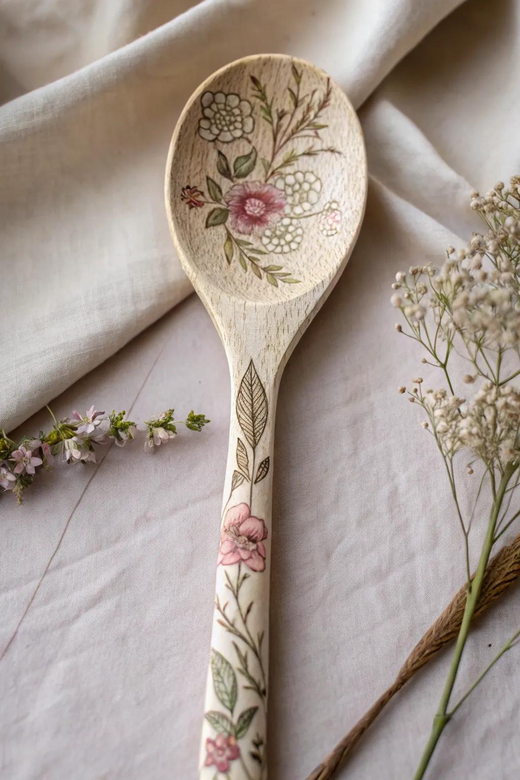 Transform everyday wooden spoons into vintage art pieces with delicate decoupage florals. A touch of boho charm for your minimalist kitchen.