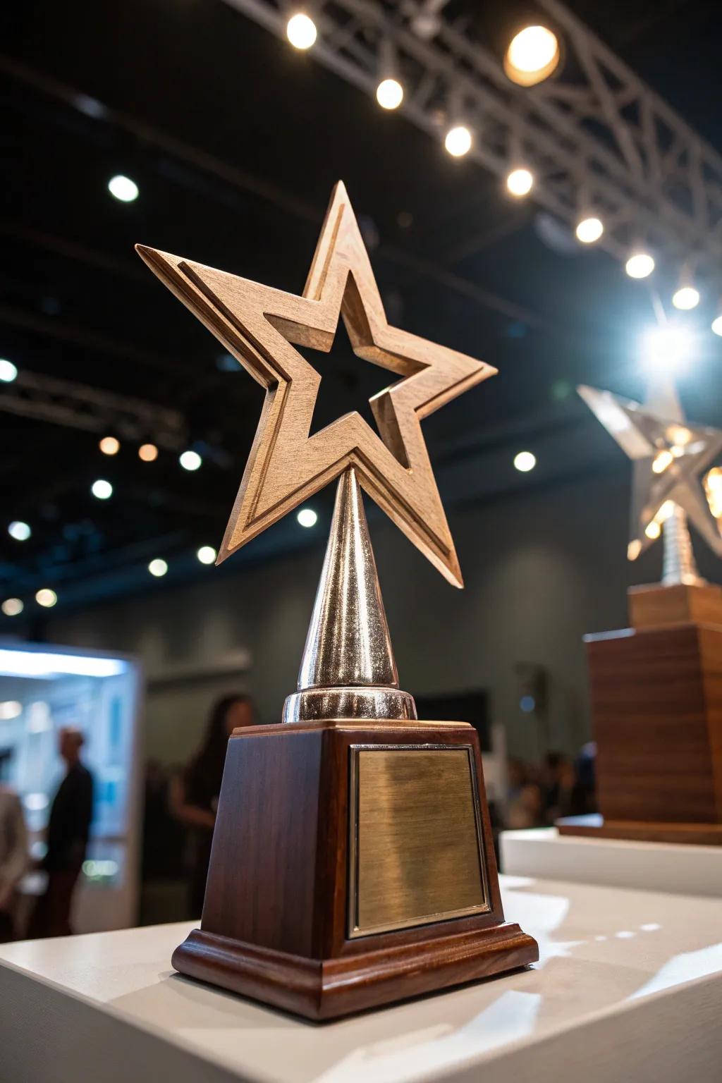 Wooden star trophies celebrate excellence and achievement.