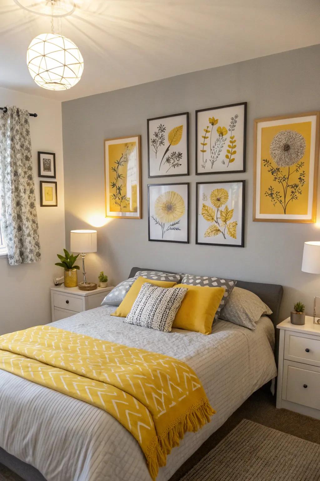 Art pieces in yellow and grey add a personal touch to the room.