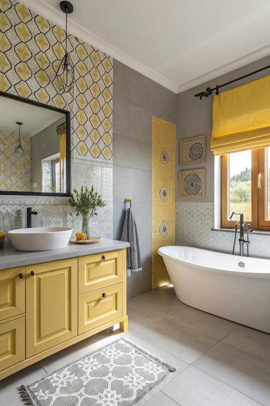 A harmonious blend of yellow and cool gray creates a serene bathroom.