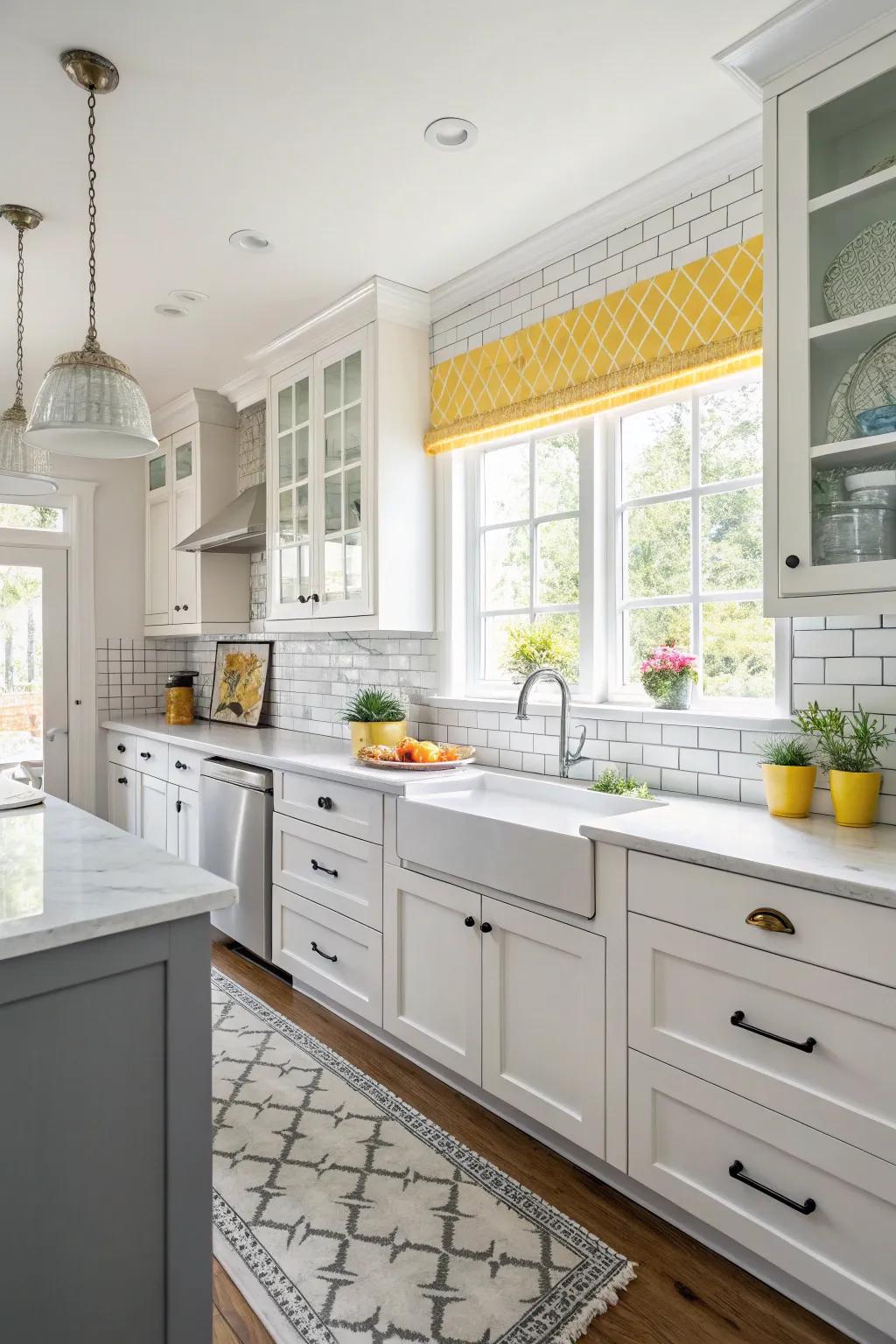 A white backsplash highlights yellow and grey decor in a fresh kitchen setting.