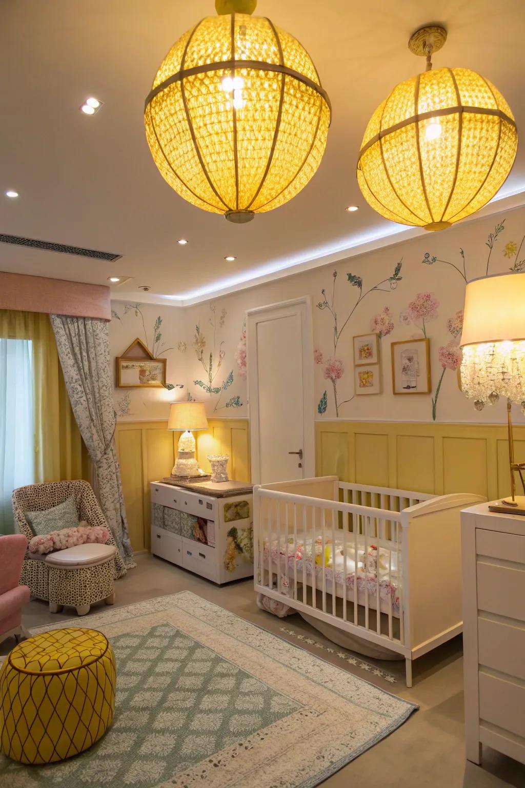 Yellow lighting fixtures provide a warm and inviting glow in this nursery.