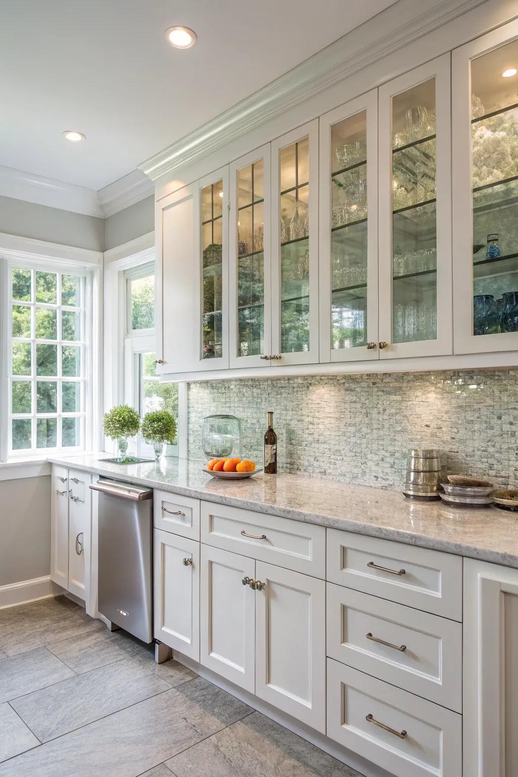 Glass elements introduce elegance and openness into a kitchen layout.