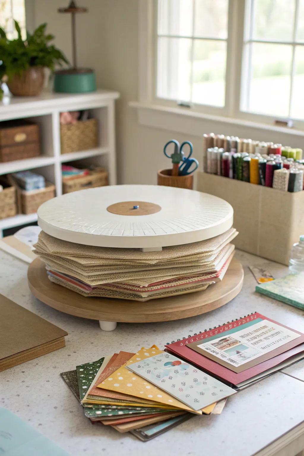 A lazy Susan organizer provides quick and convenient access to your favorite papers.