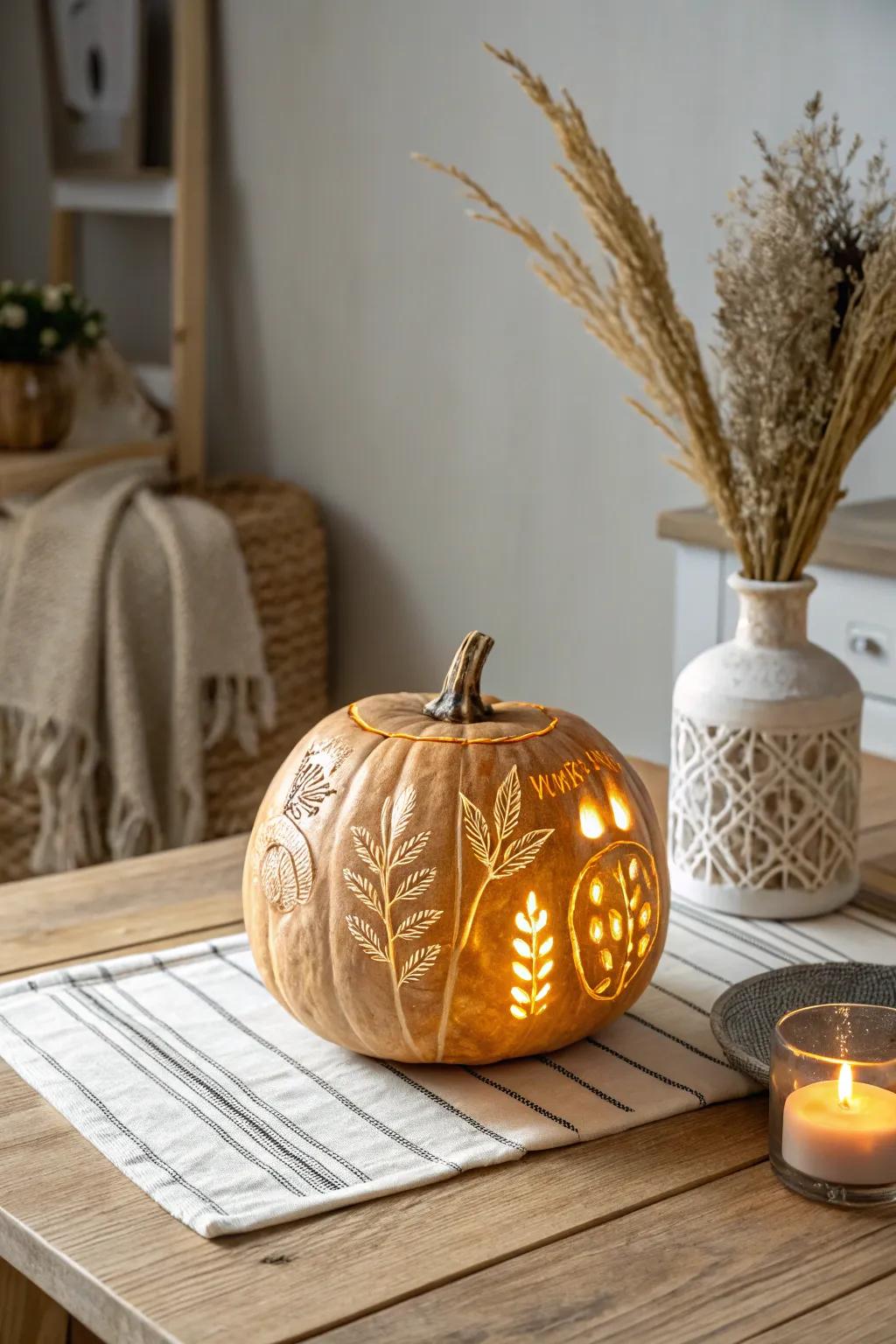 Illuminate your autumn nights with a pumpkin carved in mystical symbols, bringing fantasy to life with Scandinavian elegance.