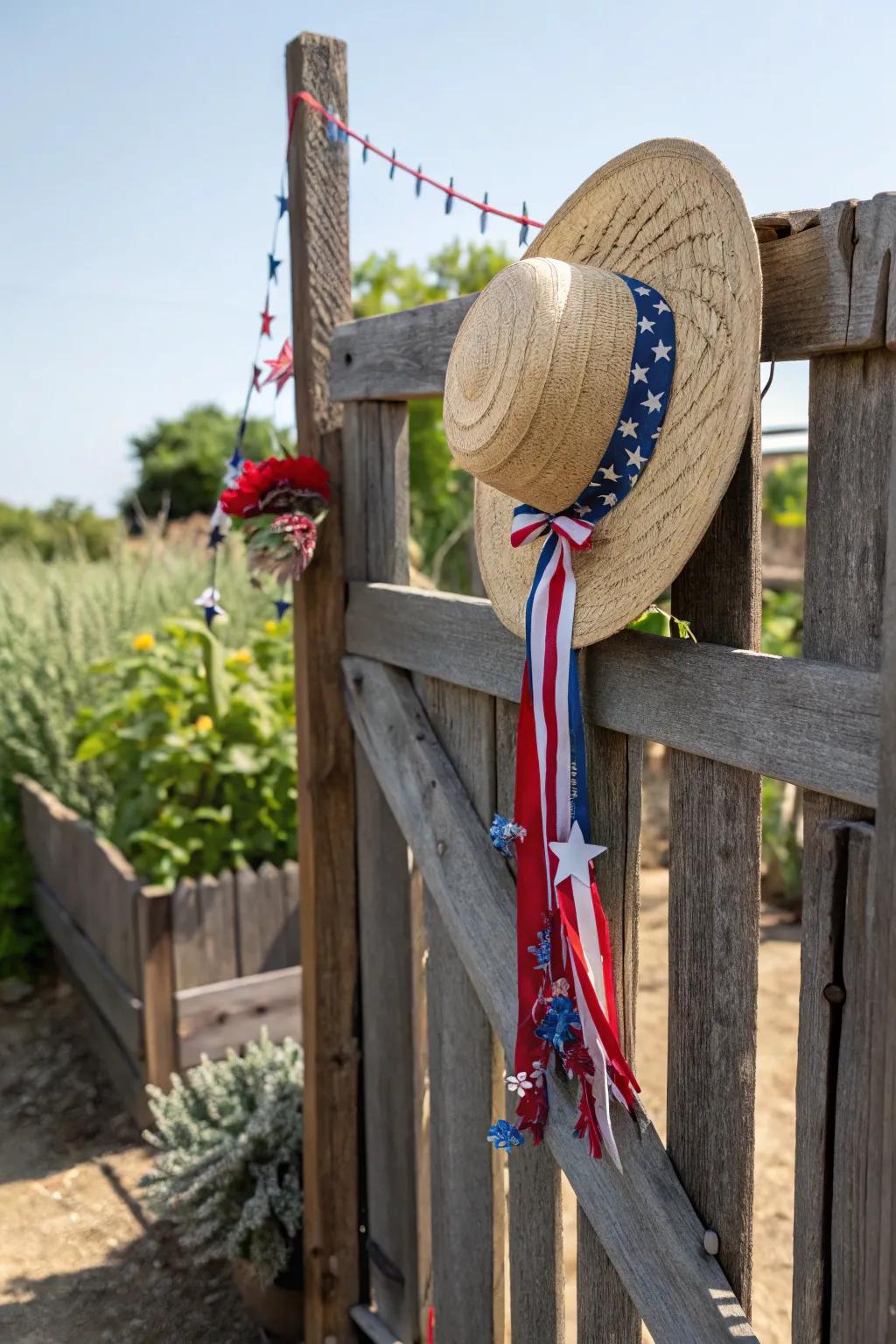 A charming hat and ribbon wreath that adds farmhouse chic to your summer decor.