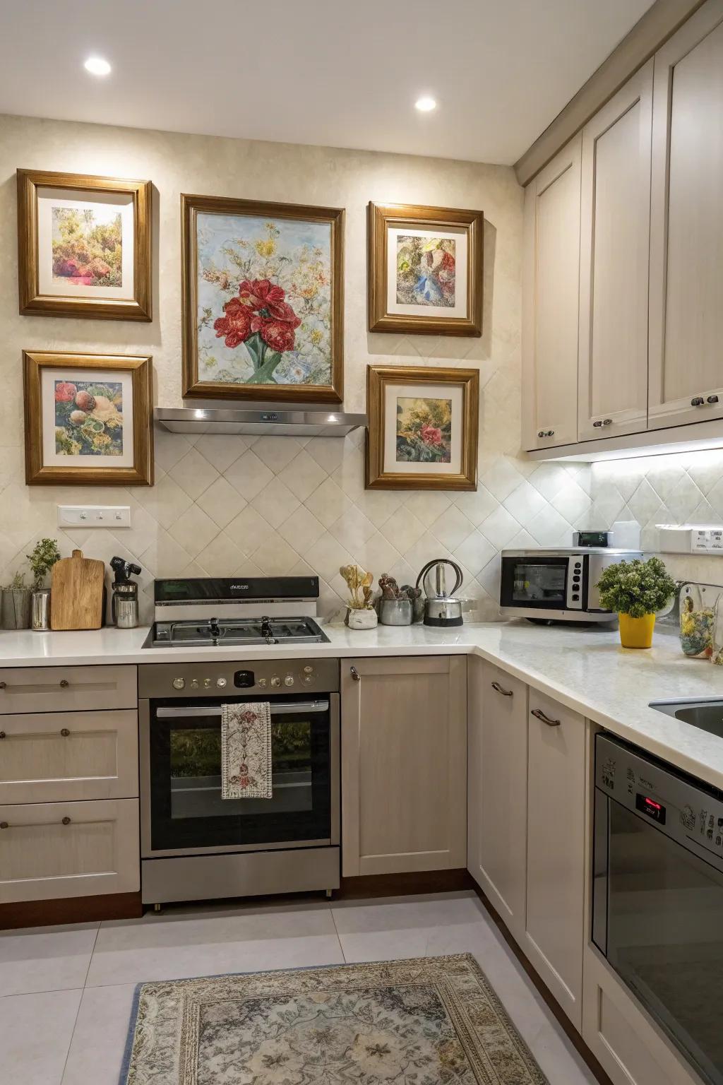 Framed artwork above cabinets adds artistic flair to the kitchen.