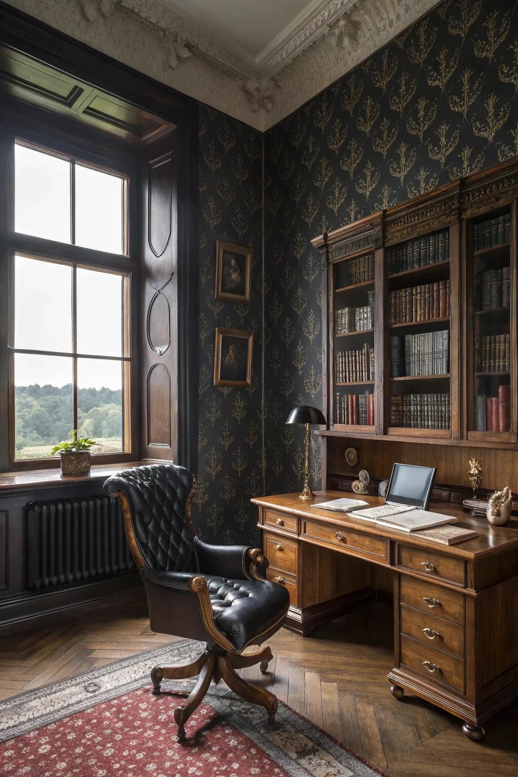 A study with dark-toned wallpaper offering an intimate and dramatic feel.