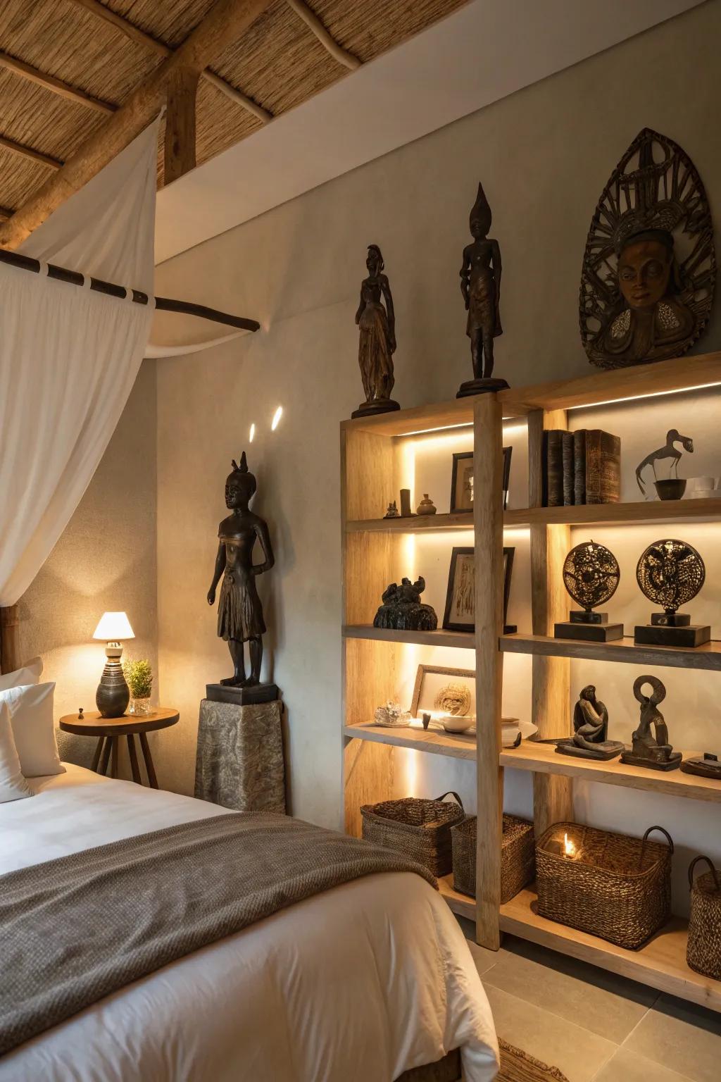 Artistic African statuettes adding personality to a bedroom.